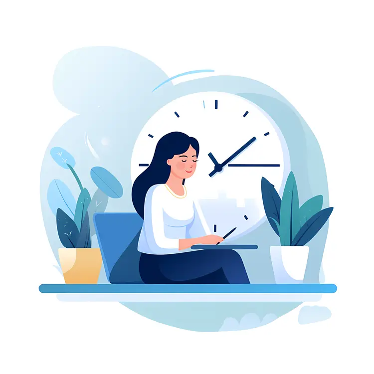 Woman Writing with Clock and Plants