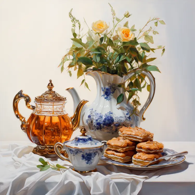 Elegant Tea Set with Cookies and Flowers