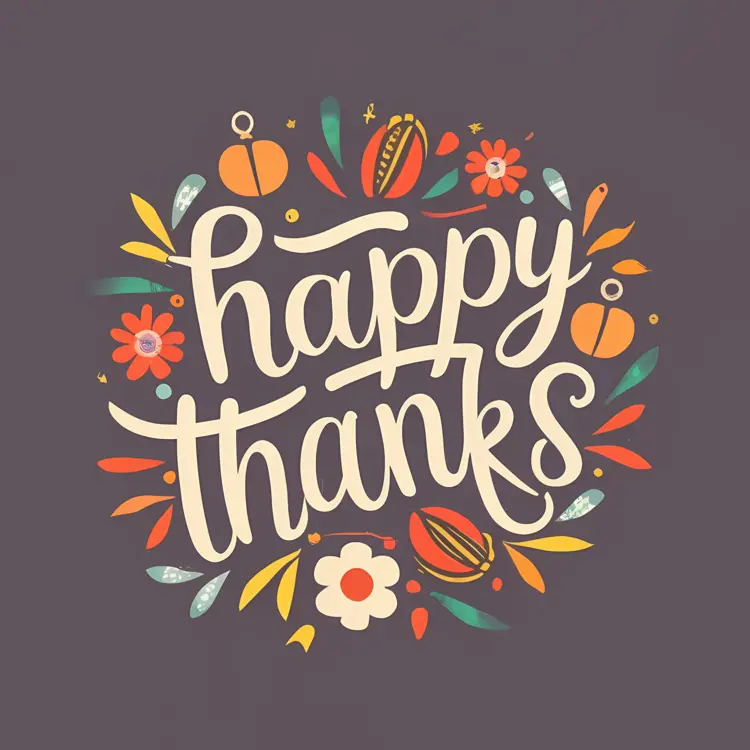 Happy Thanks Typography with Pumpkins and Leaves