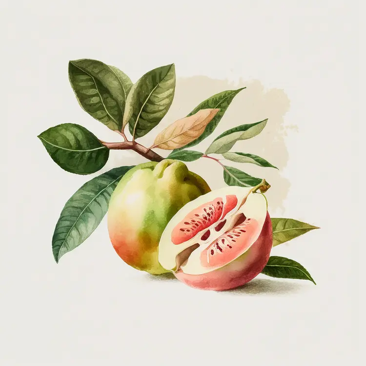 Watercolor Guava with Leaves Illustration