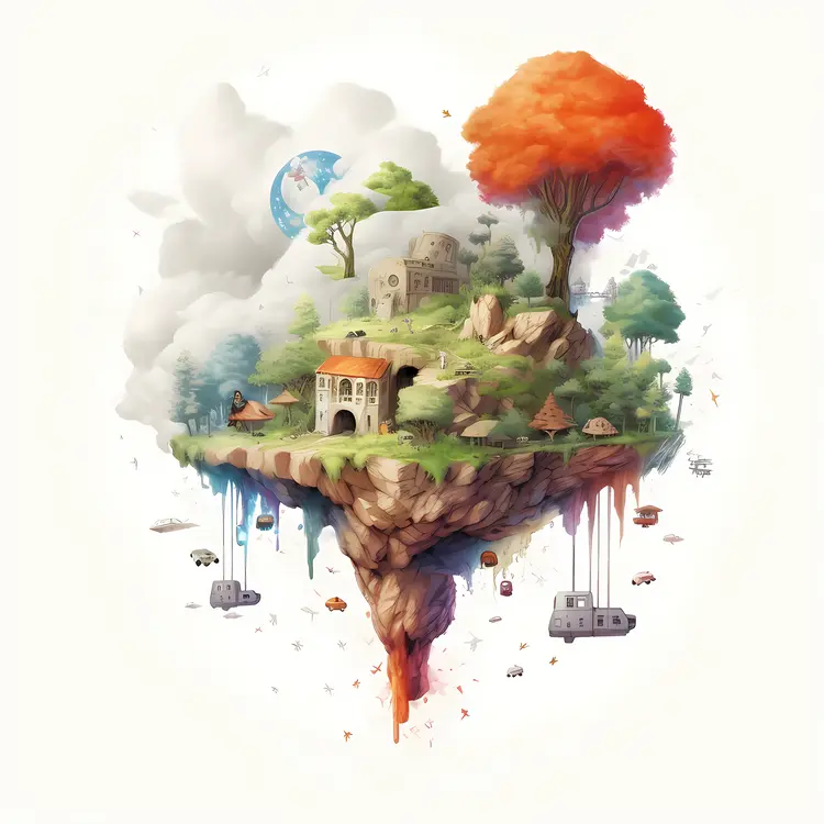Surreal Floating Island with Fantasy Landscape