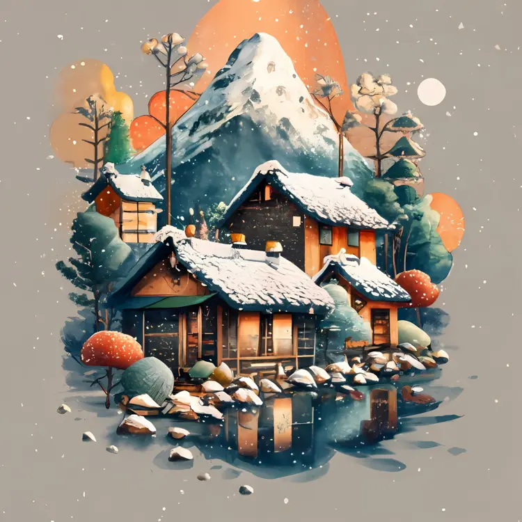 Snowy Cabin by the Mountain
