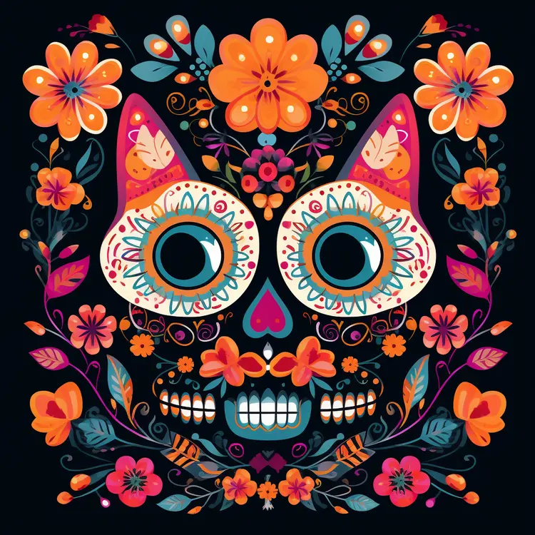 Colorful Sugar Skull with Floral Decorations for Day of the Dead