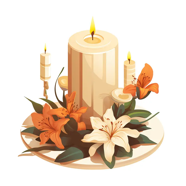 Candles with White and Orange Flowers