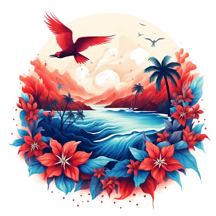Tropical Beach with Bird and Flowers