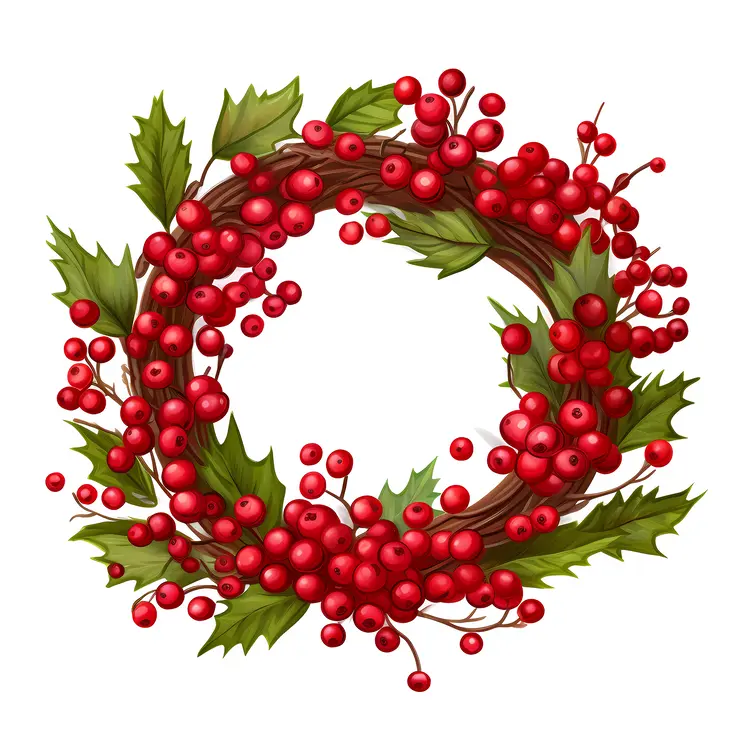 Christmas Wreath with Red Berries and Green Leaves