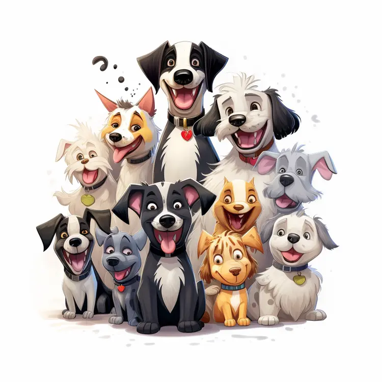 Group of Happy Cartoon Dogs