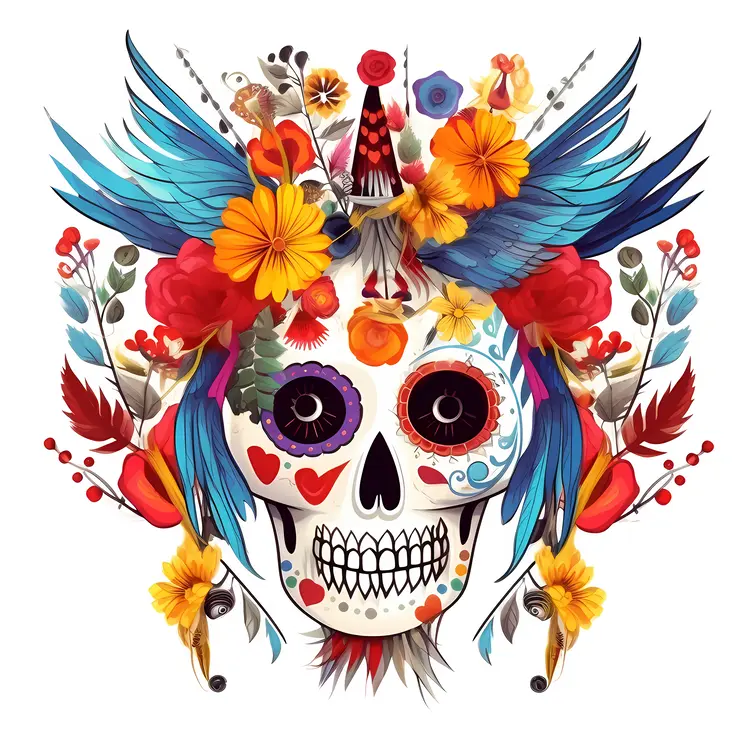 Colorful Skull with Flowers and Feathers for Day of the Dead Celebration