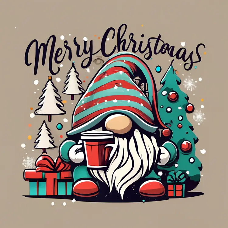 Christmas Gnome with Striped Hat and Tree