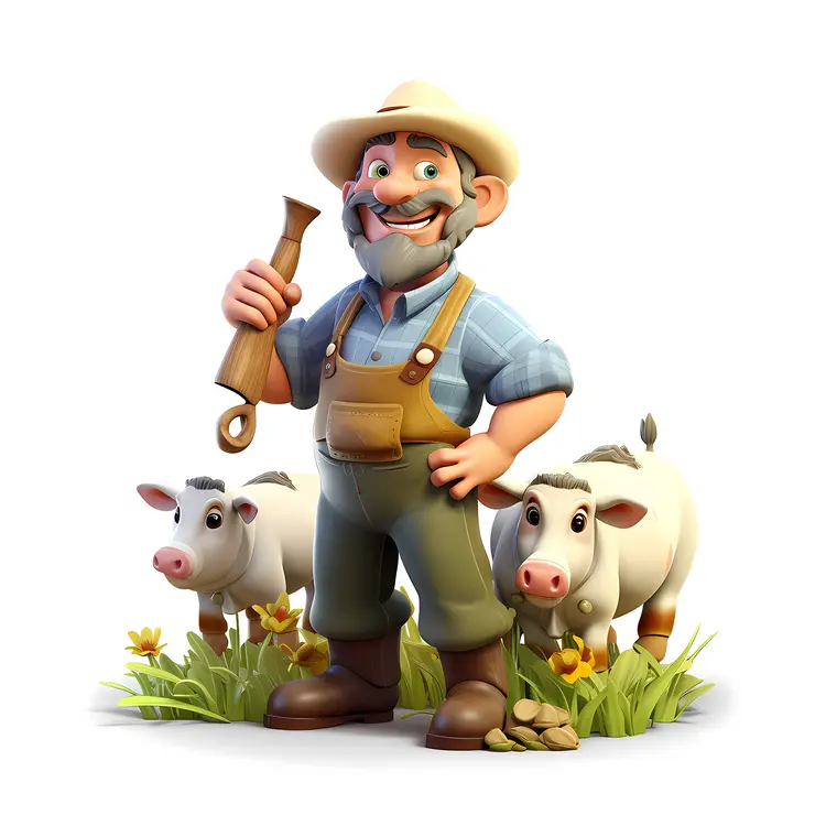 Farmer with Cows in the Field