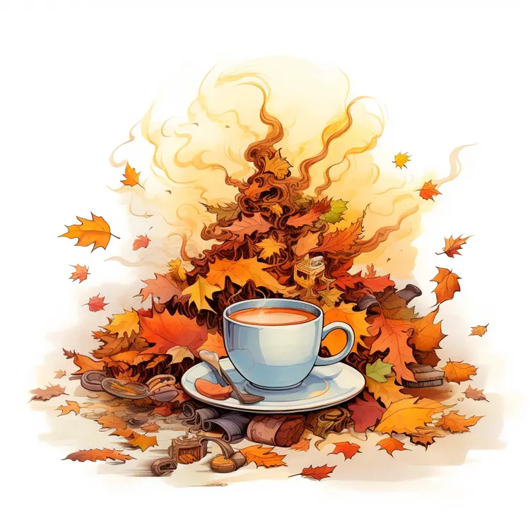 Cup with Steam and Autumn Leaves
