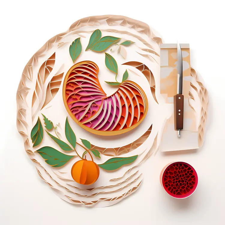 Intricate Paper Art with Knife and Fruit