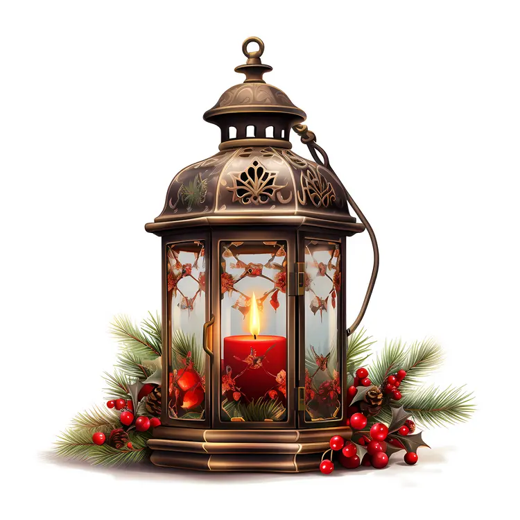 Festive Lantern with Berries and Pine