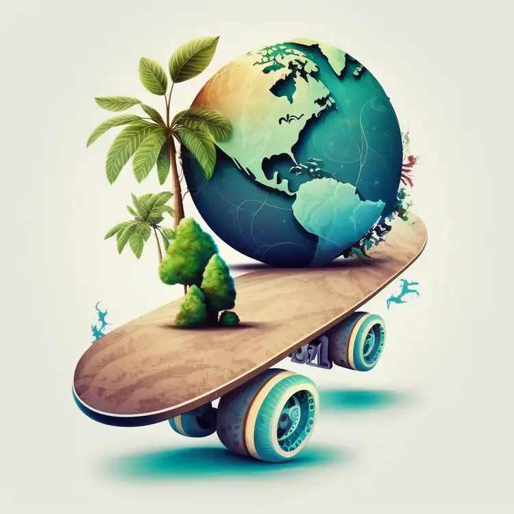 Earth on Skateboard with Palm Tree
