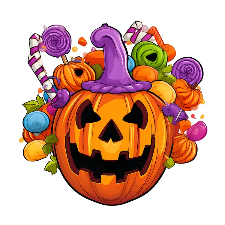 Halloween Pumpkin with Candy and Witch Hat