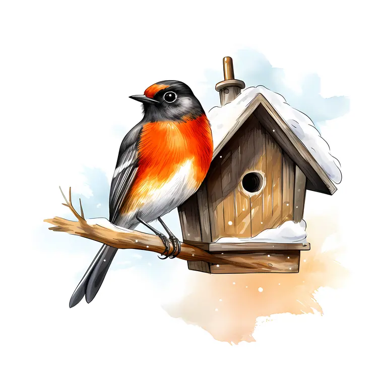 Birdhouse with Bird and Snowy Branch