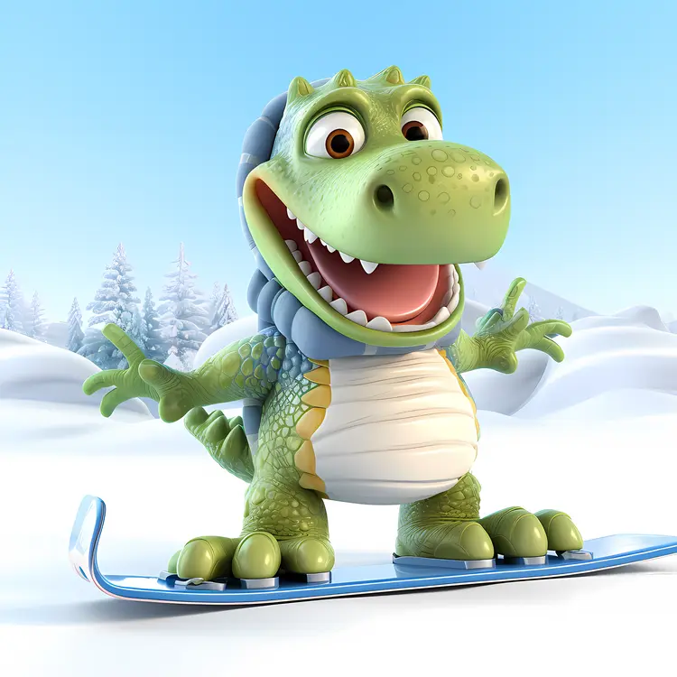 Cute Dinosaur Snowboarding in Winter Wonderland