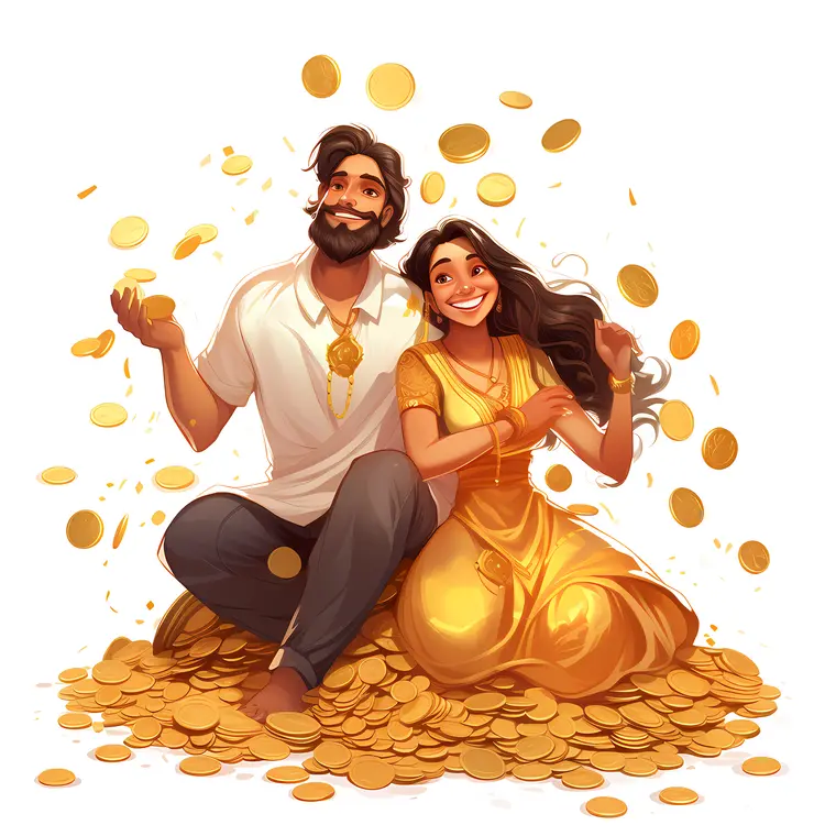 Happy Couple Surrounded by Gold Coins