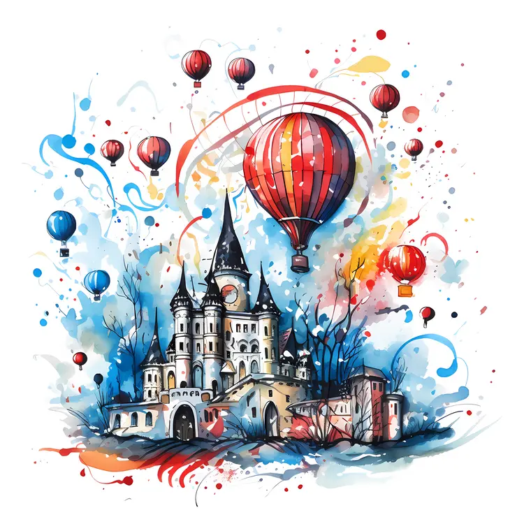 Colorful Hot Air Balloons Over a Fantasy Castle