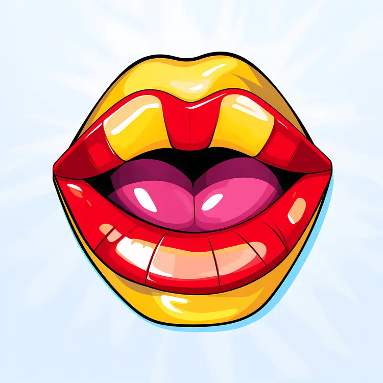 Glossy Red and Yellow Cartoon Lips with Tongue