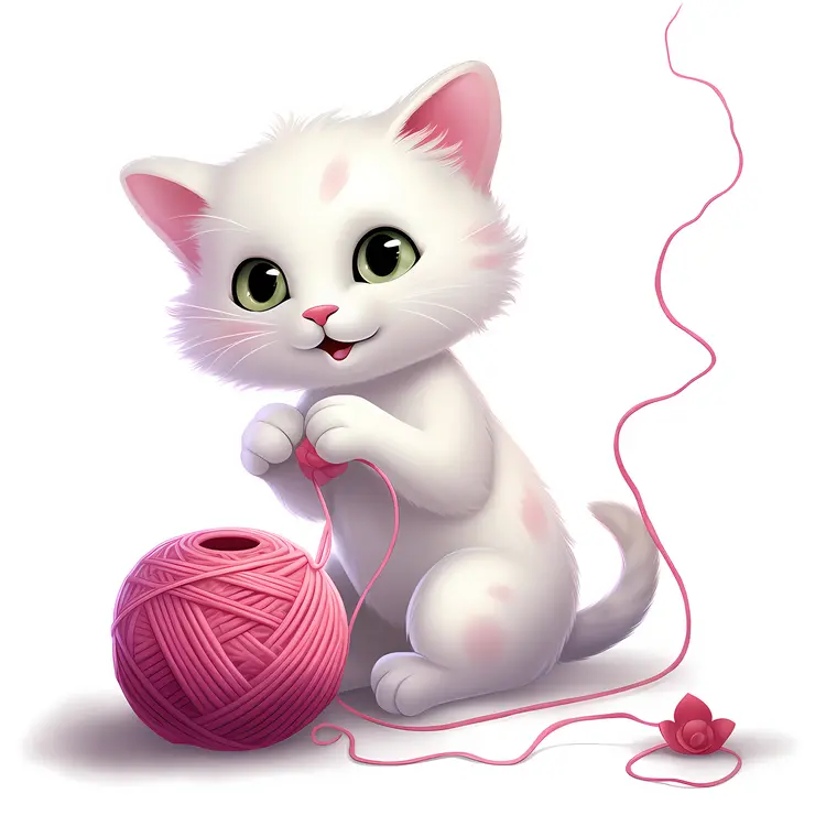 Cute White Kitten Playing with Pink Yarn Ball