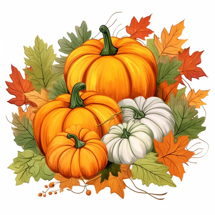 Colorful Pumpkins with Autumn Leaves for Fall Season