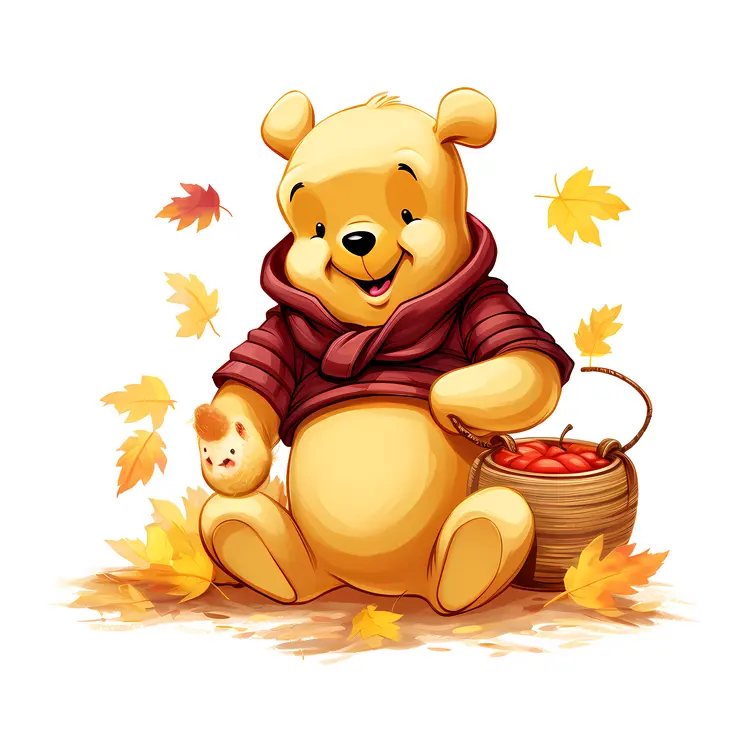 Yellow Bear with Basket of Apples and Autumn Leaves