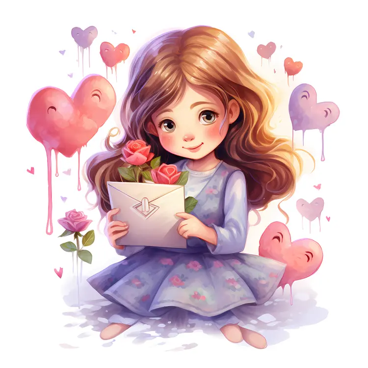 Girl Holding Flowers and Letter with Hearts
