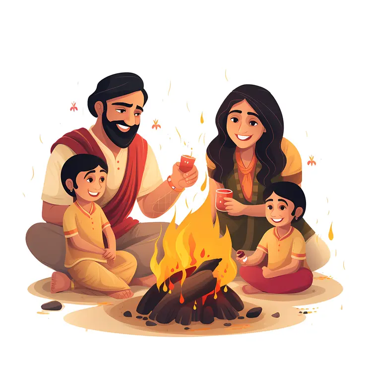 Family Celebrating Around Bonfire