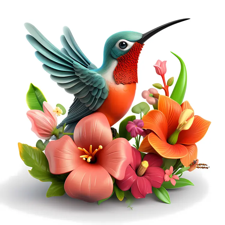 Hummingbird and Colorful Flowers Illustration