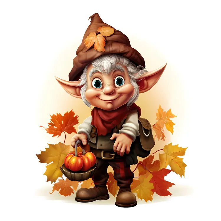 Cute Elf with Pumpkin and Autumn Leaves