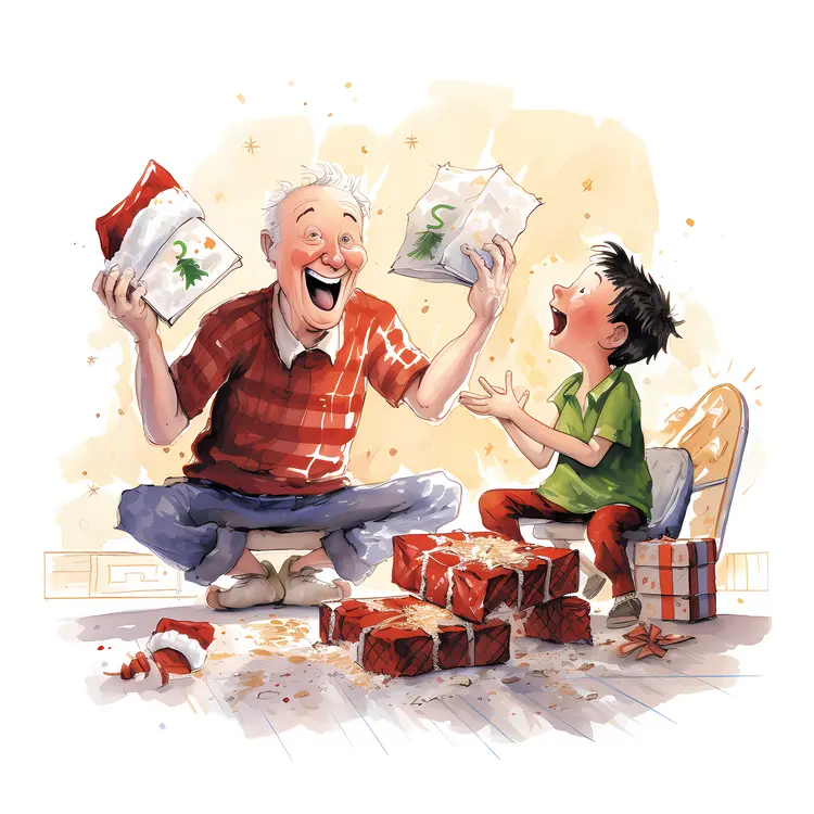 Grandfather and Child Opening Gifts