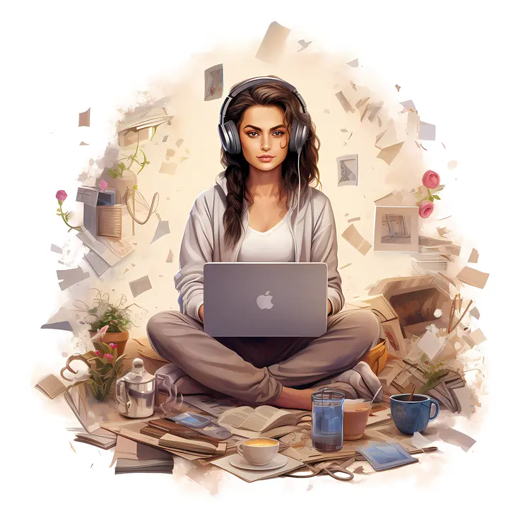 Woman Working on Laptop with Headphones
