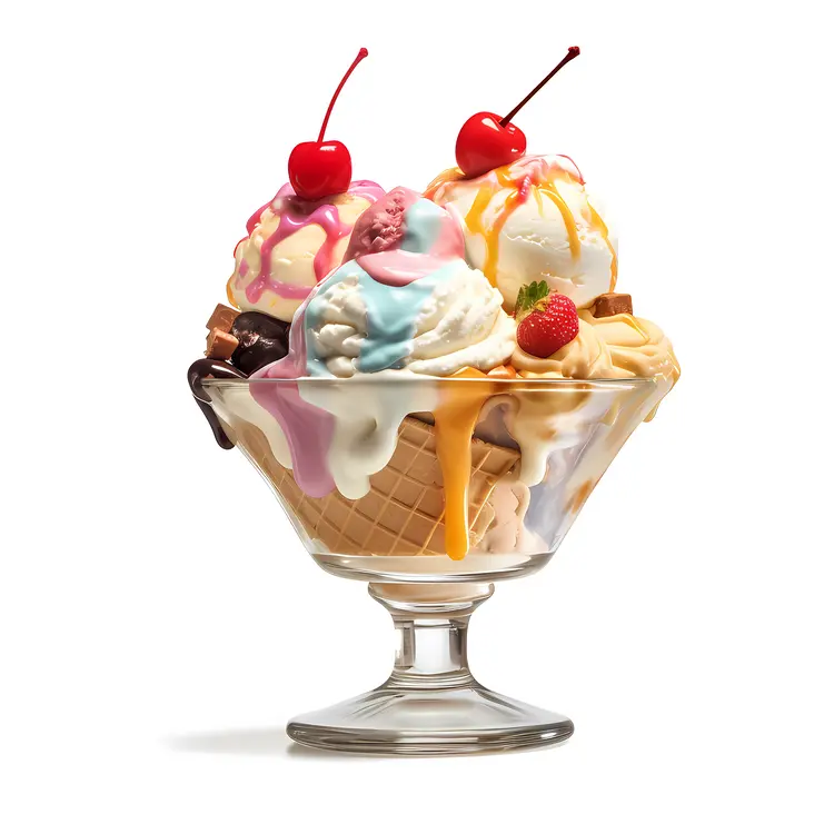 Delicious Ice Cream Sundae with Cherries and Waffle Cone