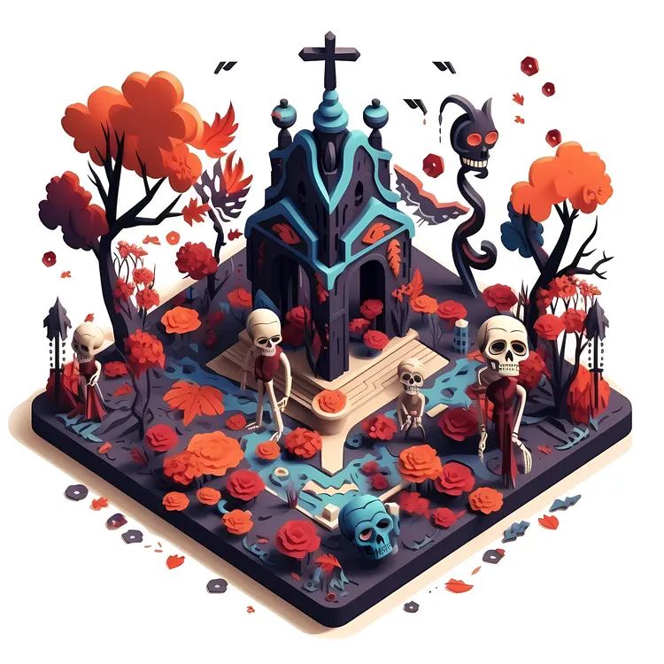 Graveyard Scene with Skeletons and Chapel