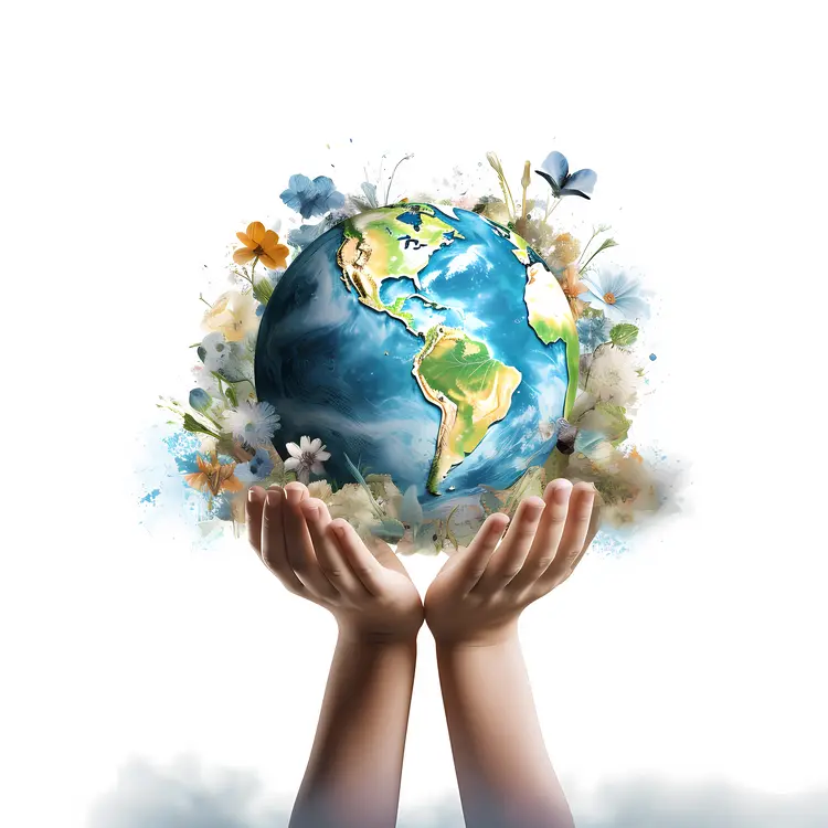 Hands Holding Earth with Flowers