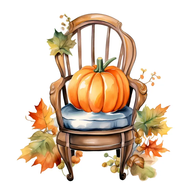 Pumpkin on Chair with Autumn Leaves