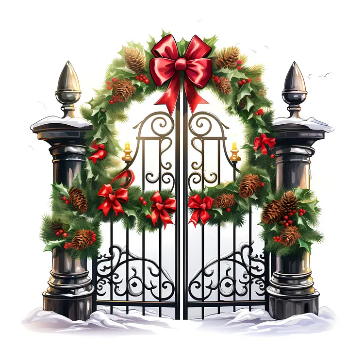 Elegant Christmas Gate with Wreath and Pinecones