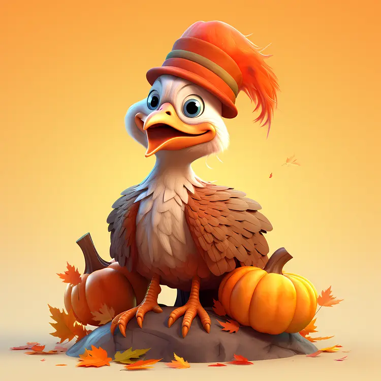 Turkey with Hat and Pumpkins