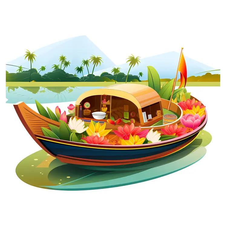 Beautiful Houseboat with Flowers in Tropical Scenery