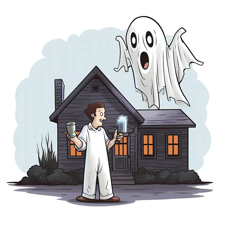 Man with Ghost in Front of a House