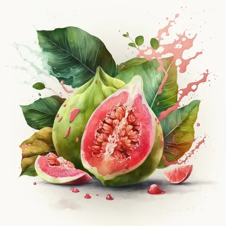 Fresh Green Guava with Leaves and Slices