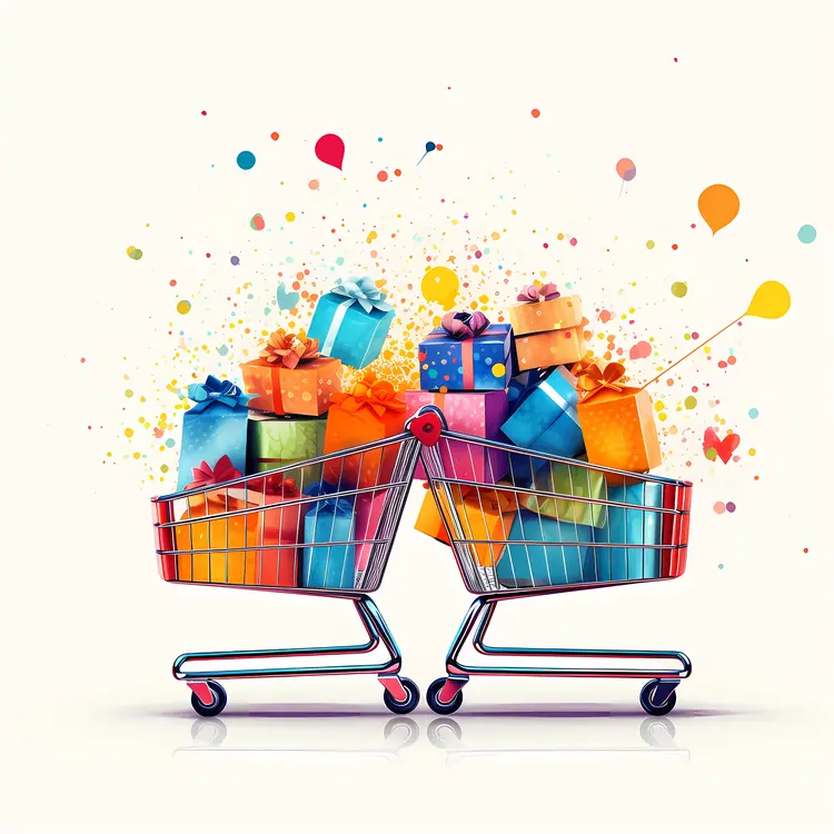Shopping Cart Filled with Colorful Gifts