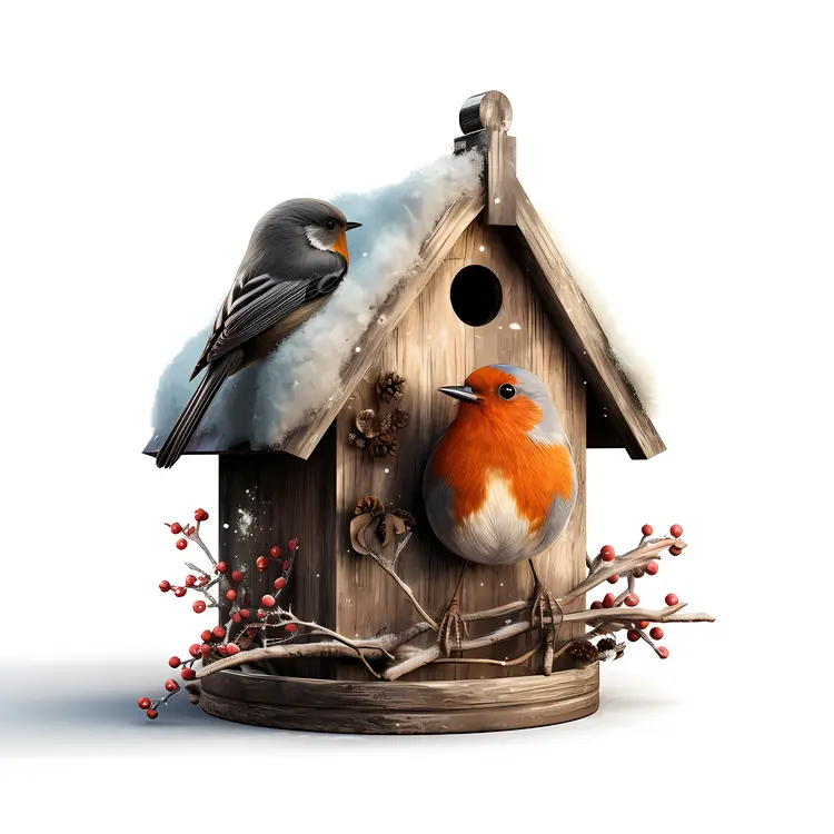 Birdhouse with Two Birds in Winter