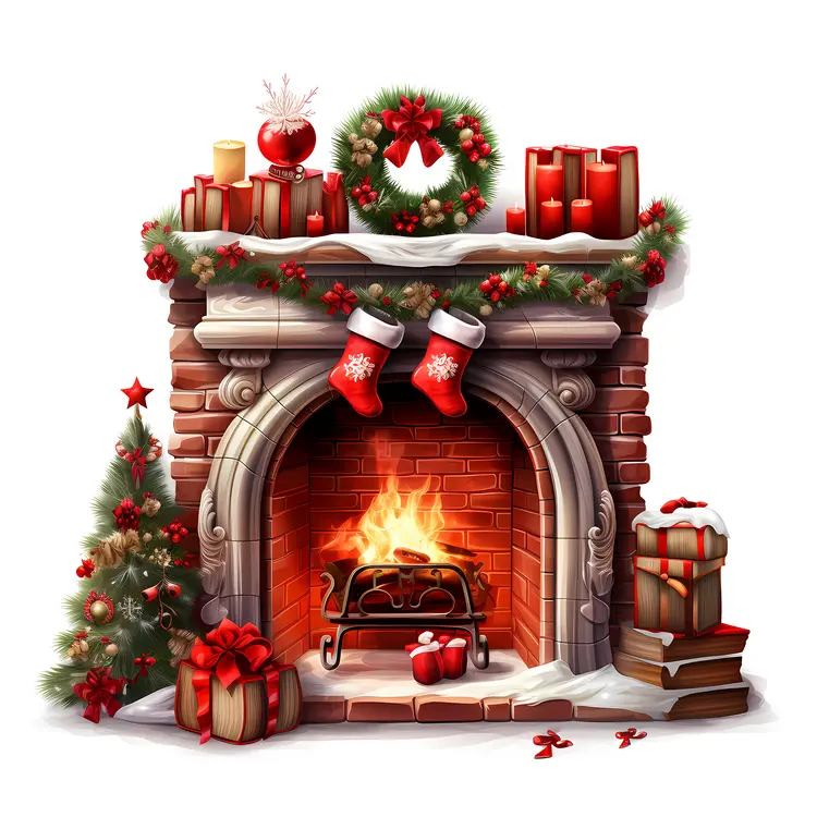 Cozy Christmas Fireplace with Gifts and Stockings