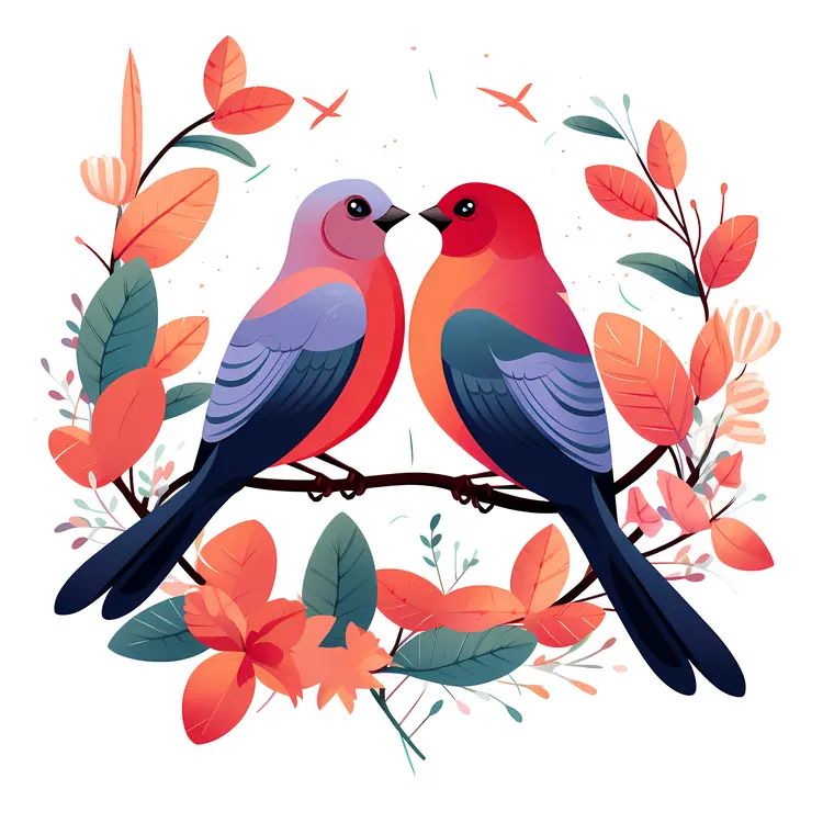 Colorful Birds on a Branch with Autumn Leaves