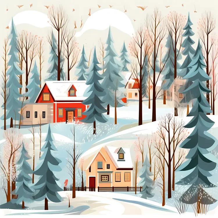 Snowy Houses in Winter Forest
