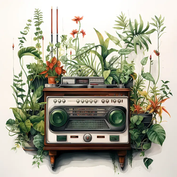 Vintage Radio with Various Plants