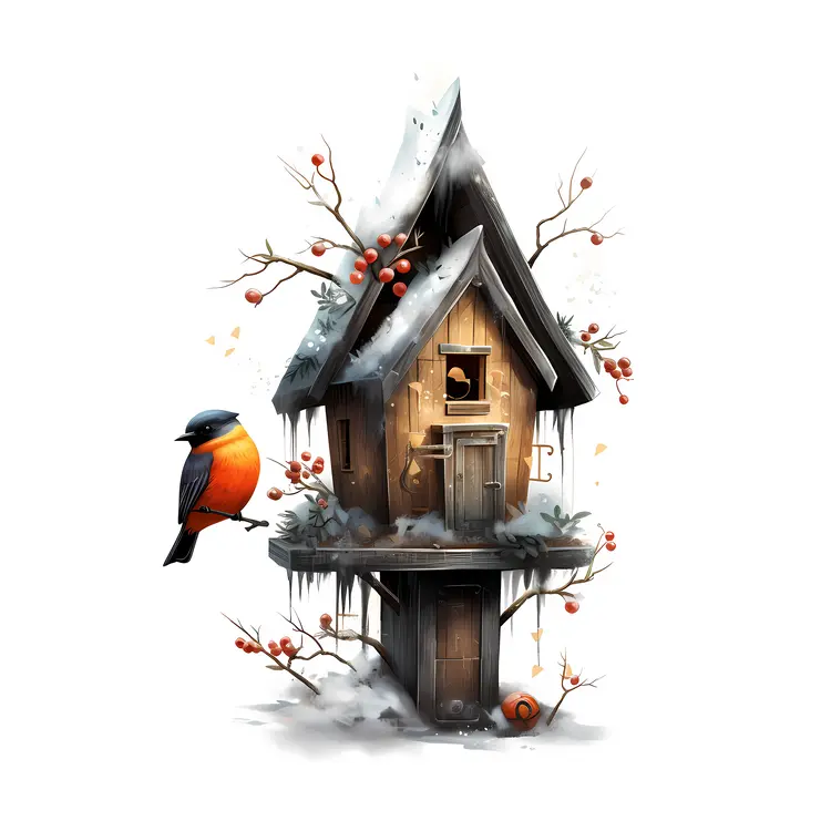 Birdhouse with Bird and Berries