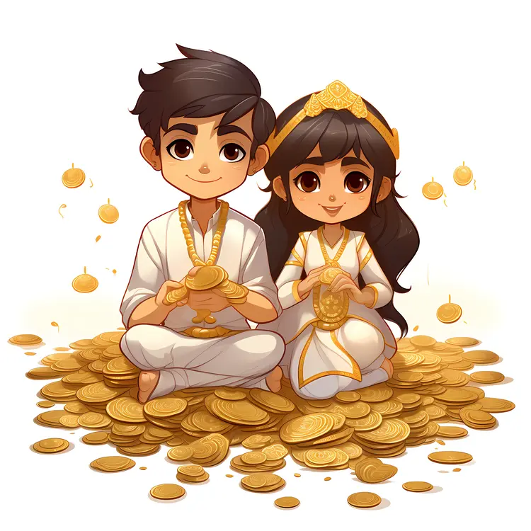 Children Sitting on a Pile of Gold Coins